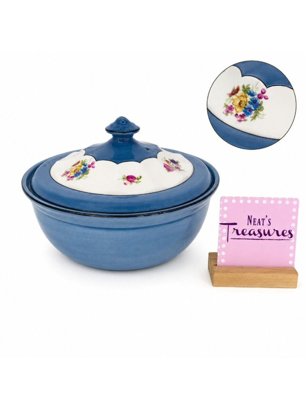 Vintage Excello Czechoslovakia FLORAL 808 Blue Heat Proof Lusterware W Lid Bowl